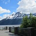 View of mountains from cement pathway.